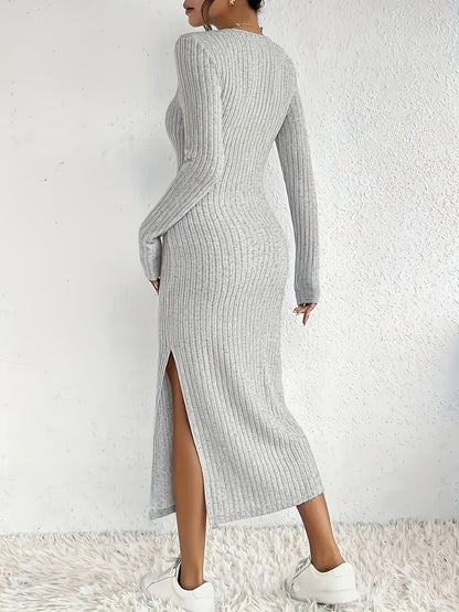 Robe longue côtelée femme manches longues col rond fente latérale beige
