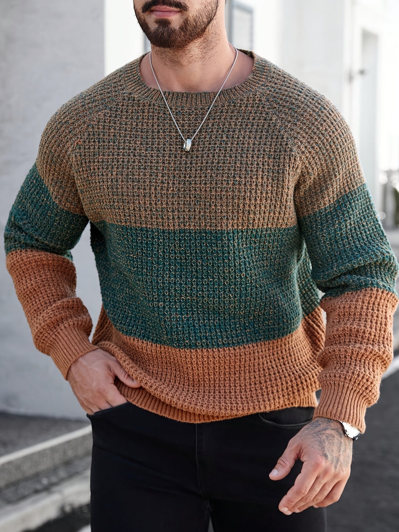 Pull Homme Col Rond Maille Texturée Tricolore Beige Marron Noir