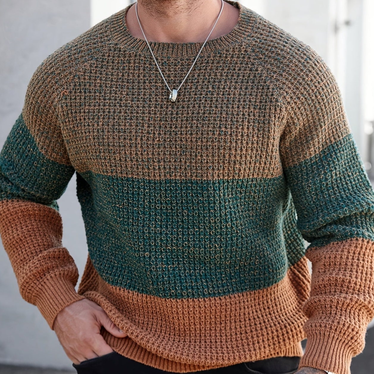 Pull Homme Col Rond Maille Texturée Tricolore Beige Marron Noir