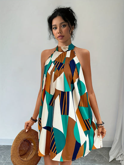 Abito a trapezio elegante con stampa artistica da donna, stile estivo casual