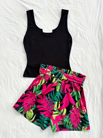 Ensemble coordonné pour femme, style tropical, top ajusté et short taille haute, idéal vacances et été