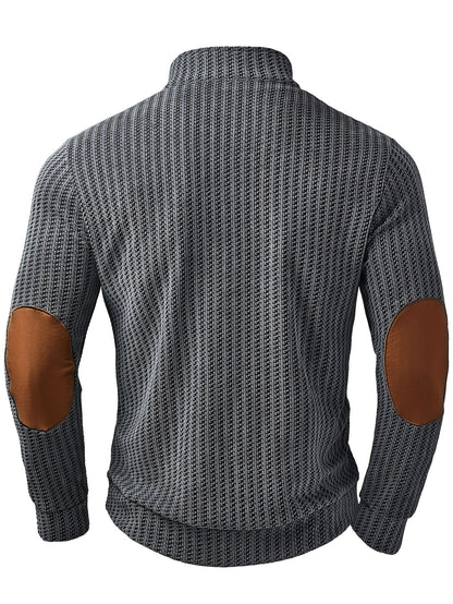 Pull homme à col montant boutonnable, motif tissé et empiècements aux coudes