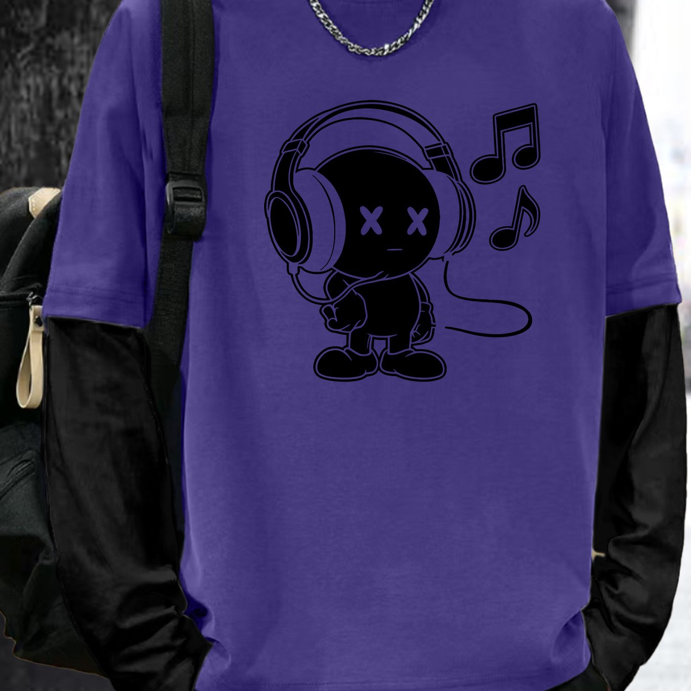 T-shirt Homme Manches Longues Superposées Motif Cartoon Casque Musique