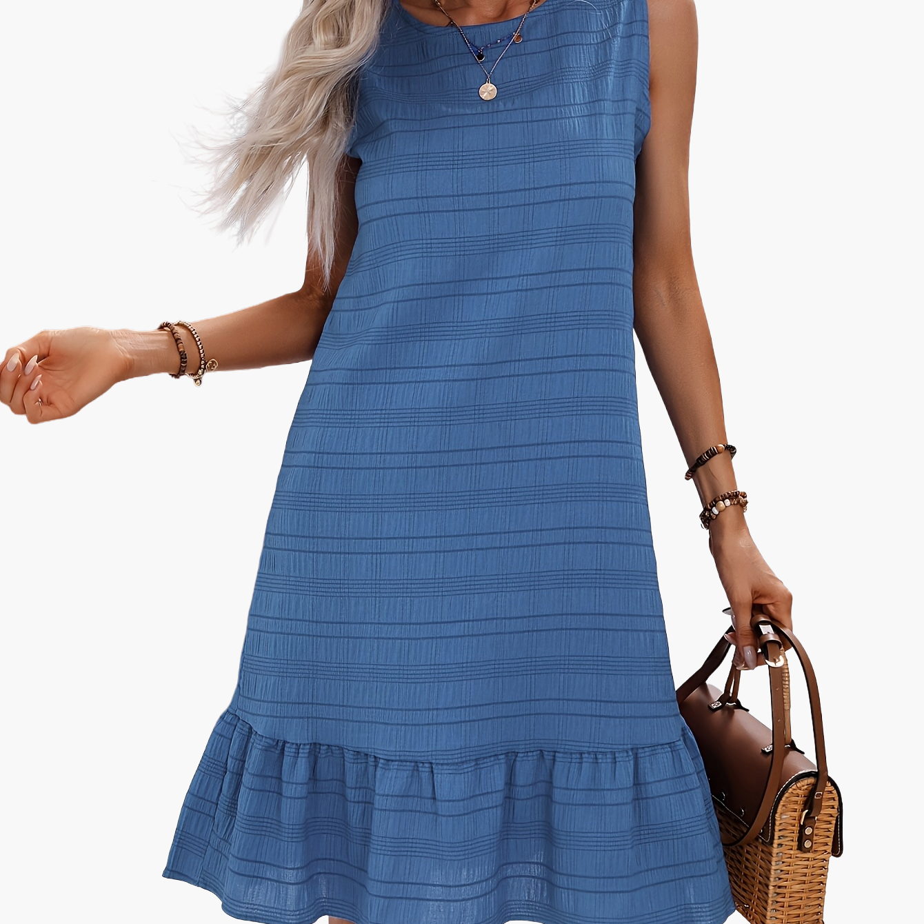 Abito casual donna stile vacanze con volant, senza maniche, collo tondo