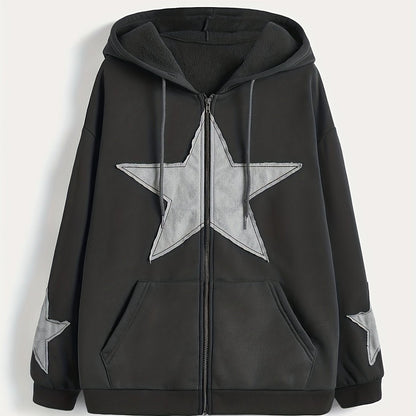 Sweat à capuche zippé marron avec motif étoile gris délavé