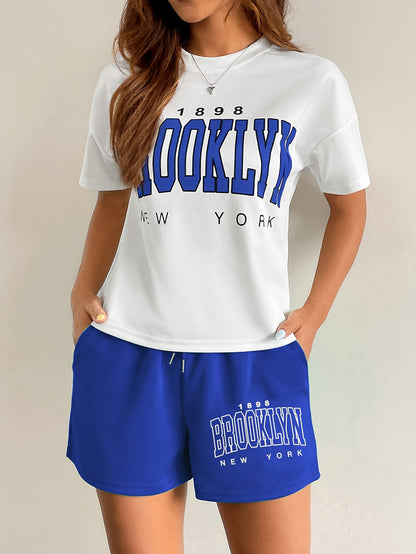 Conjunto casual para mujer estilo universitario con camiseta y pantalones cortos estampados Brooklyn Nueva York