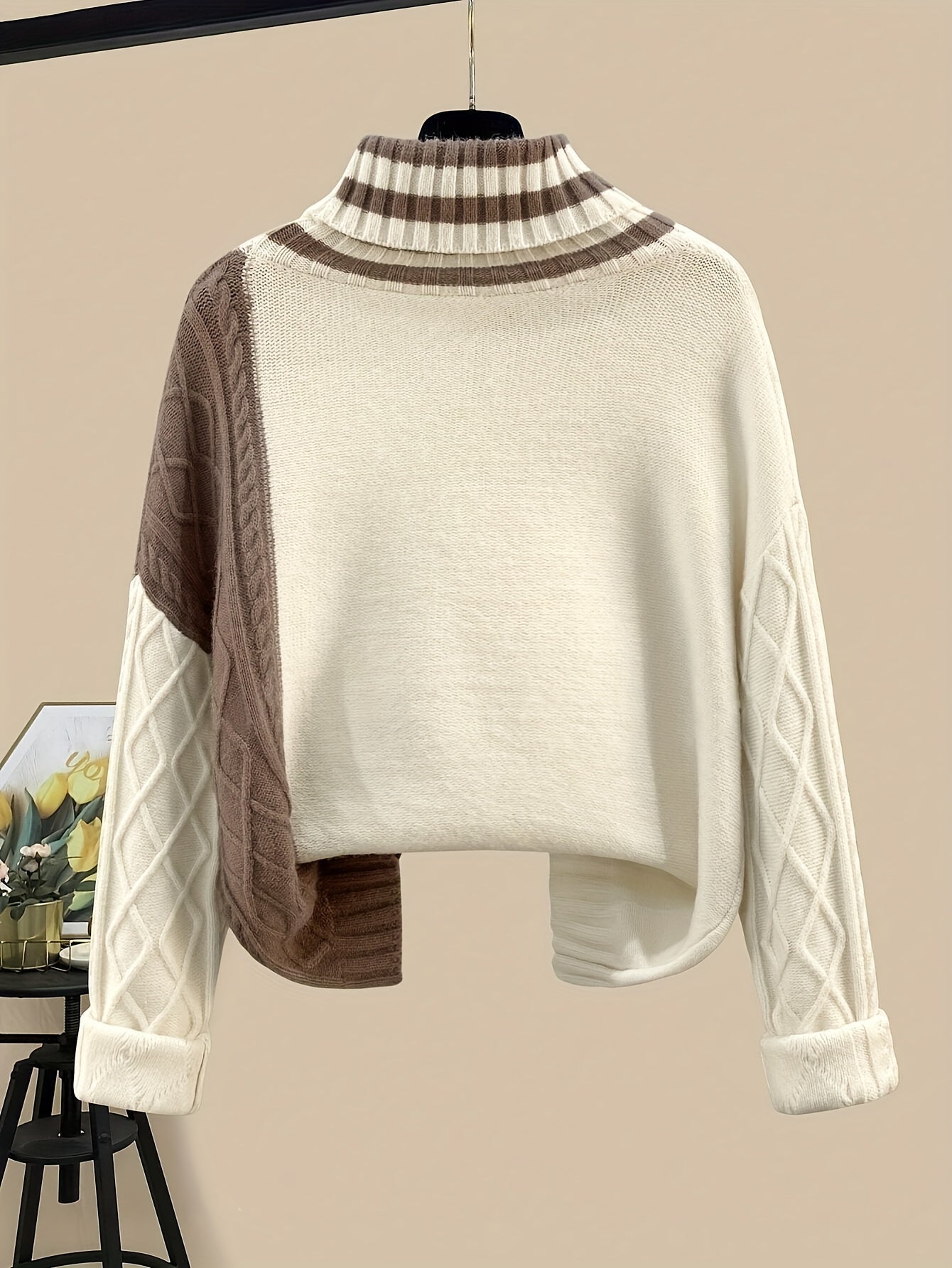 Ensemble Jupe Longue Tricotée et Pull Col Roulé Femme Bicolore Marron Crème Motif Torsadé