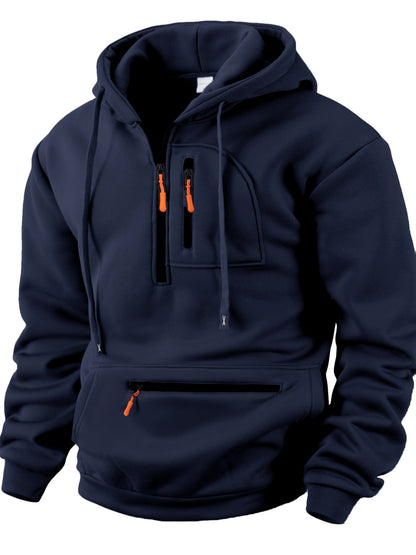 Sweat à Capuche Homme Mi-Zip avec Poches Zippées Devant Kaki
