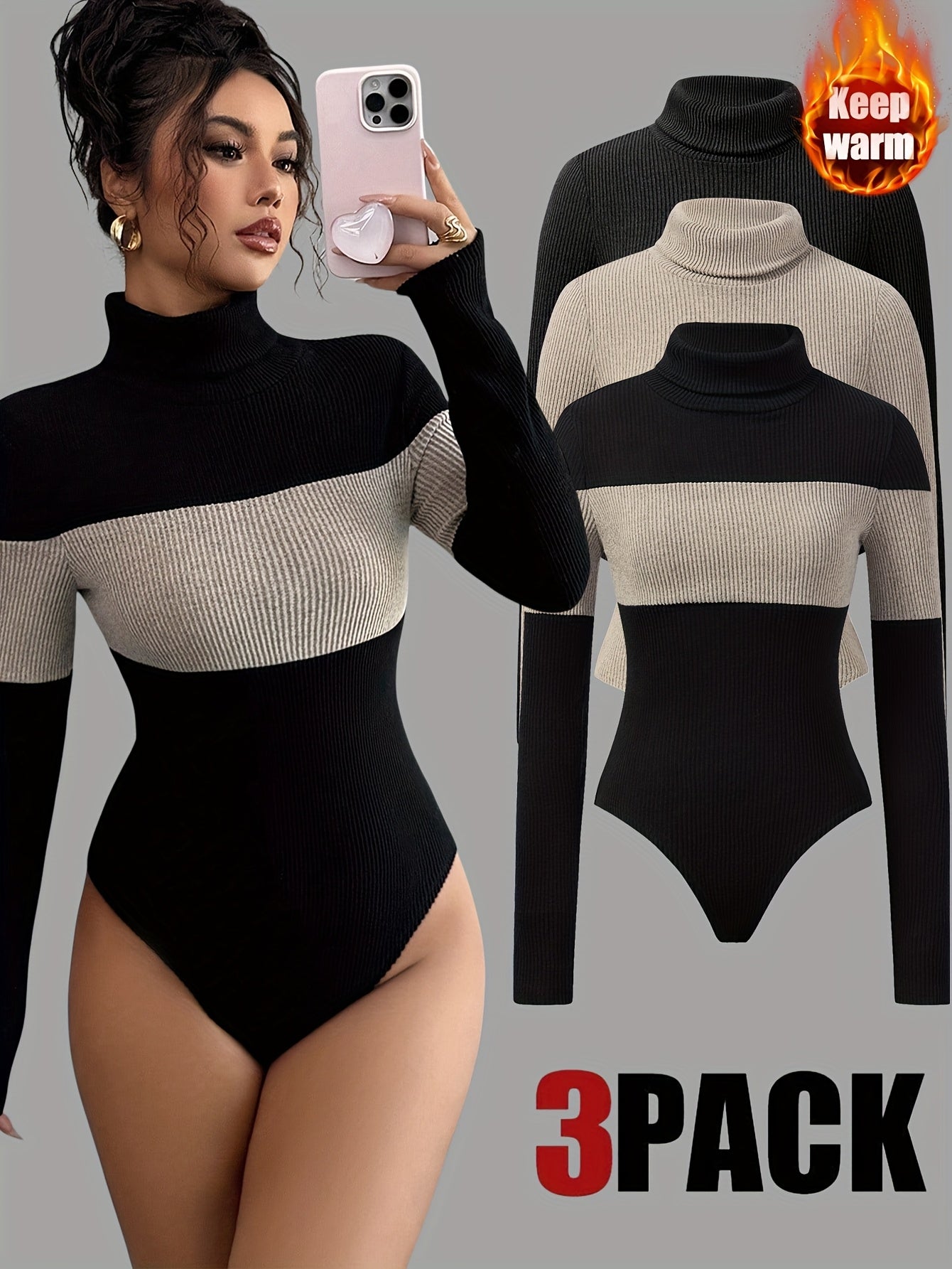Body côtelé femme col roulé manches longues noir beige