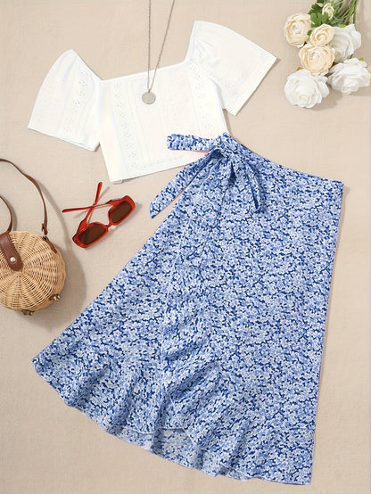 Women's Boho Chic Set – Short Sleeve Crop Top and Floral Wrap Skirt