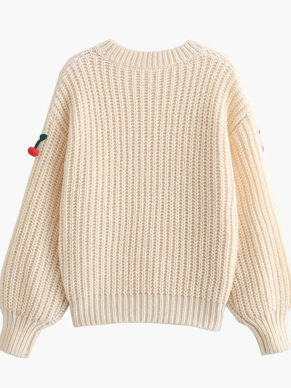 Sudadera para mujer estilo casual con cerezas bordadas, mangas largas, ideal para otoño-invierno