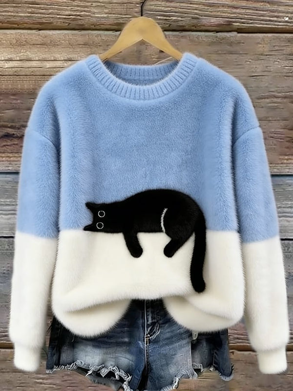Maglione bicolore morbido con motivo a gatto nero, maniche lunghe e girocollo