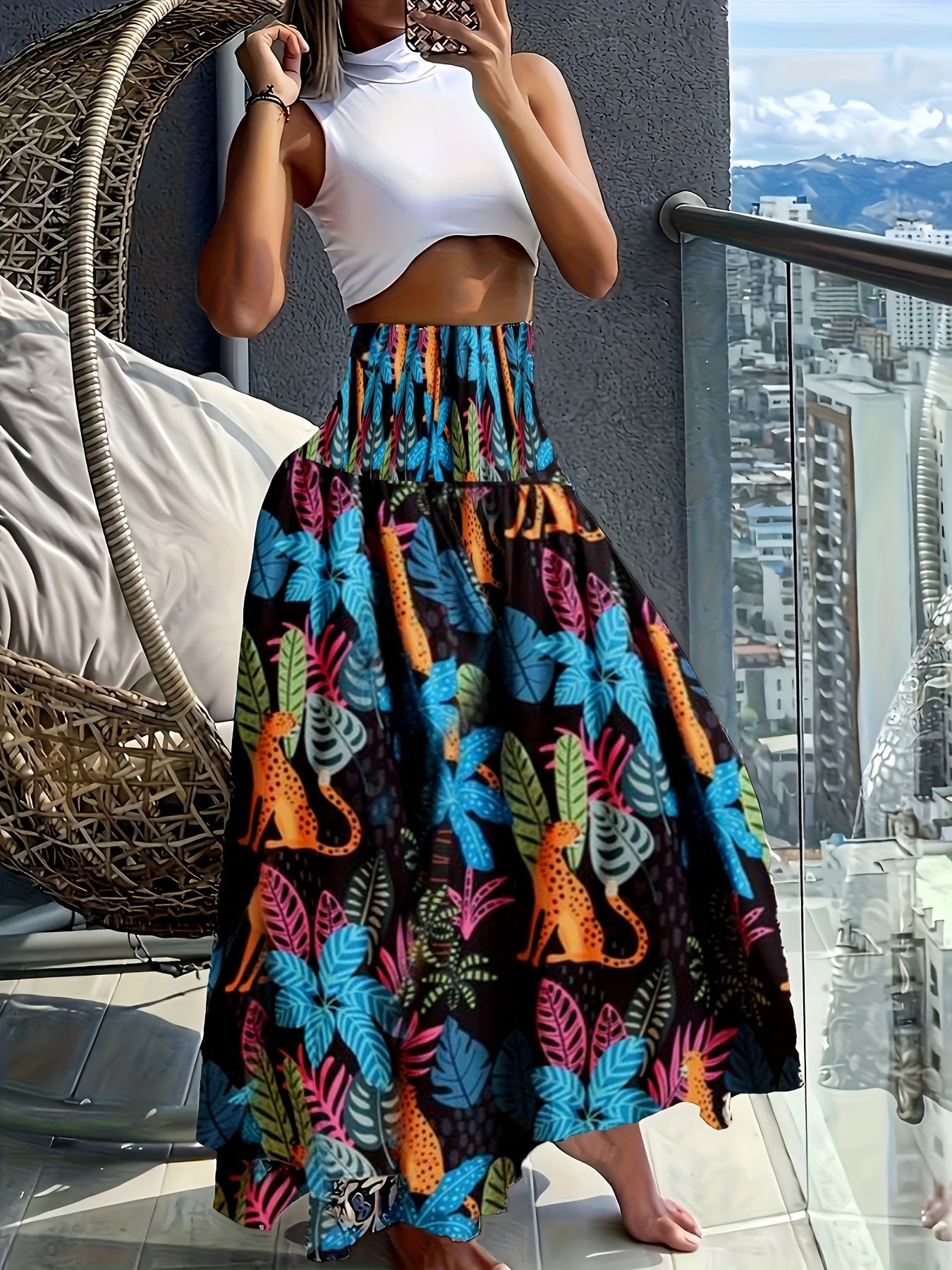 Falda larga de talle alto bohemia para mujer con estampados tropicales para el verano