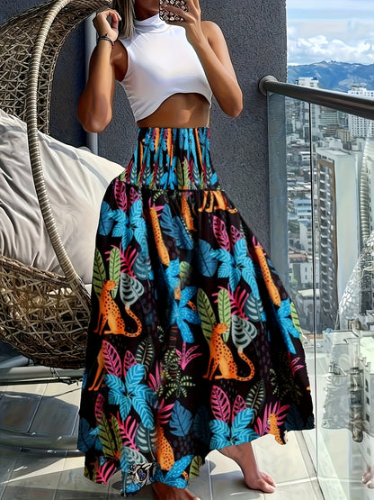 Falda larga de talle alto bohemia para mujer con estampados tropicales para el verano