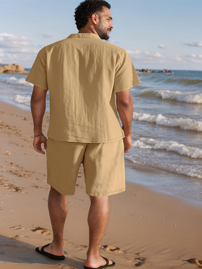 Ensemble décontracté pour homme style bohème – chemise manches courtes et short idéal plage et été