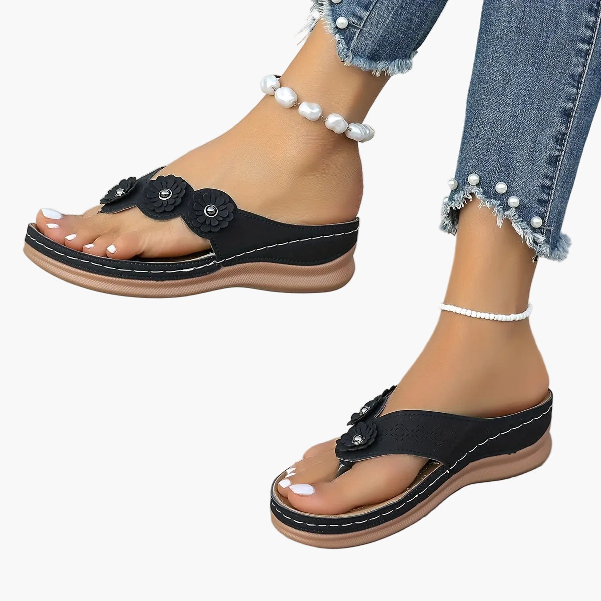 Sandales décontractées pour femme à talon plat style tongs avec fleurs – Idéal pour l’été