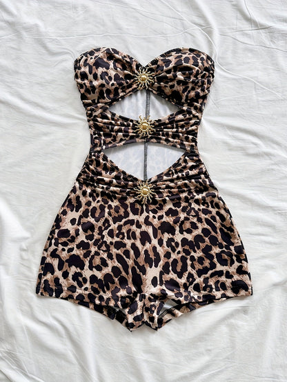 Bañador retro para mujer estilo pin-up de una pieza con corte y estampado de leopardo