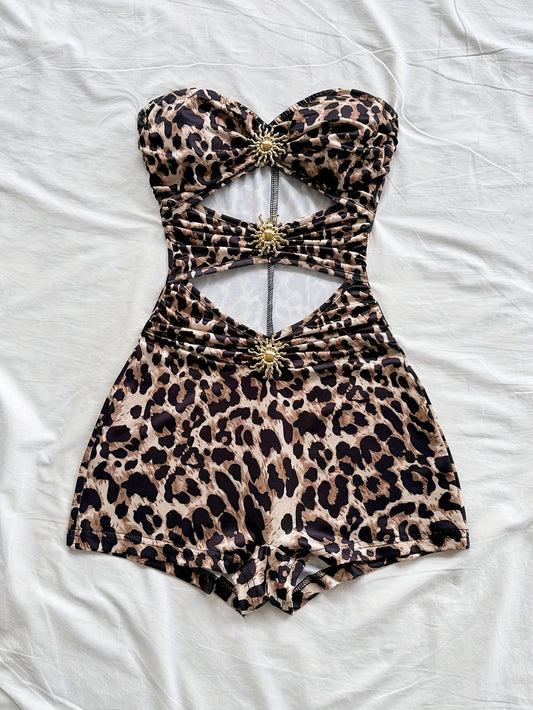 Costume da bagno retrò donna stile pin-up intero con taglio e motivo leopardato
