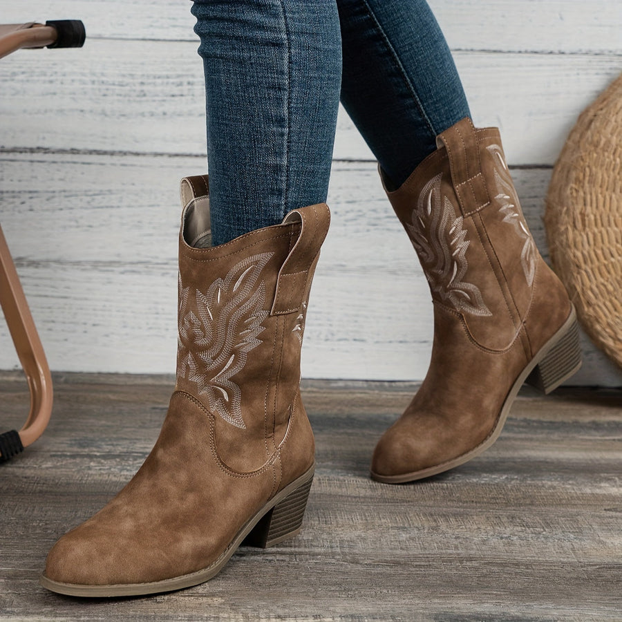 Westernstiefel für Damen im Cowboy-Stil, bestickt, mit Blockabsatz