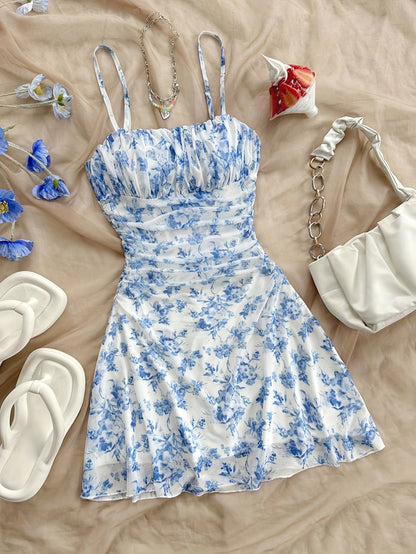 Abito estivo donna stile elegante con spalline sottili, stampa floreale per uscite e vacanze