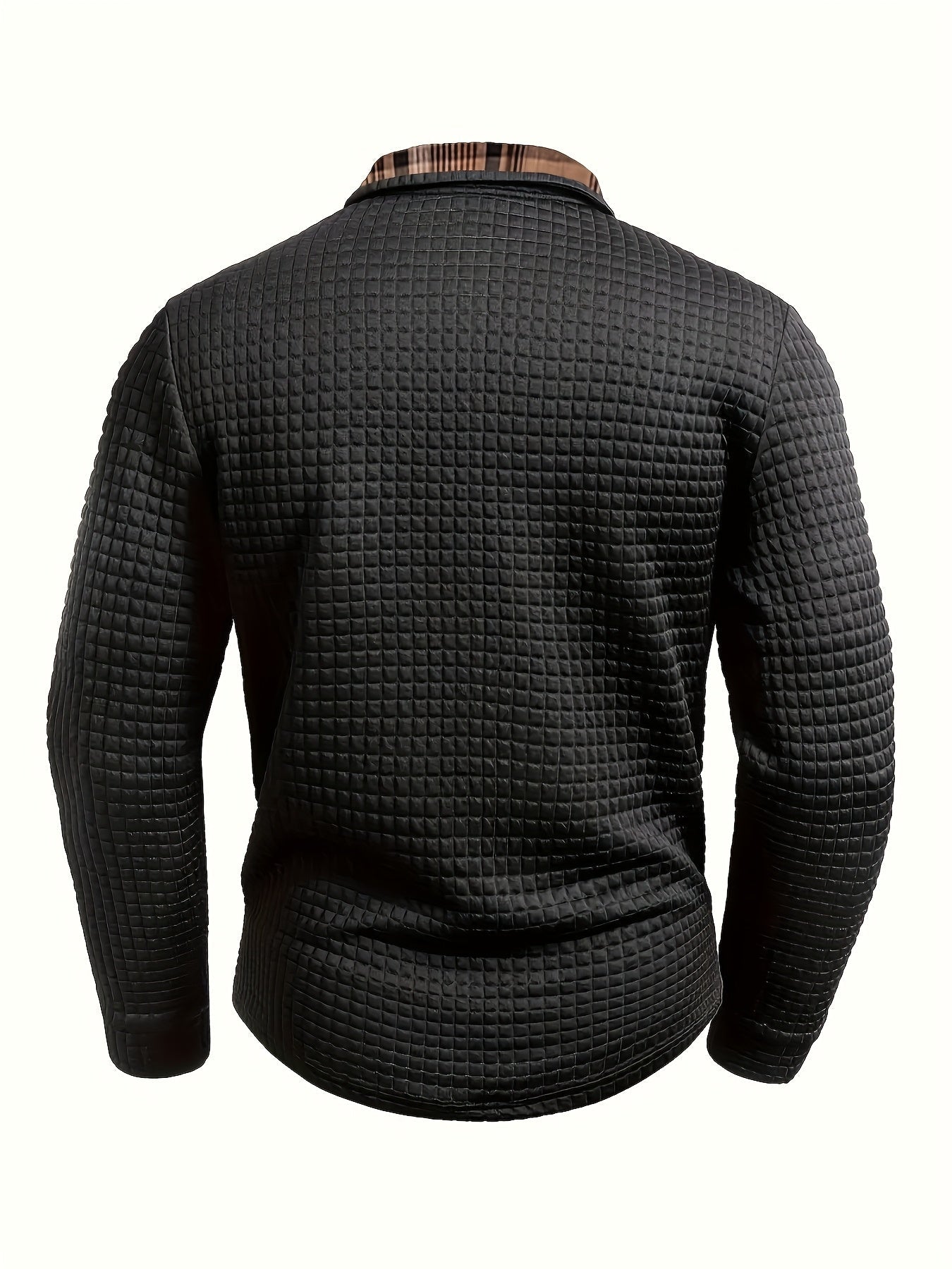 Polo homme à manches longues texturé motif gaufré avec col et poche à carreaux
