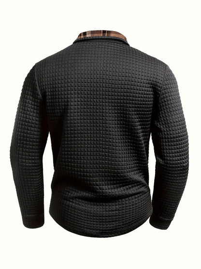 Polo homme à manches longues texturé motif gaufré avec col et poche à carreaux