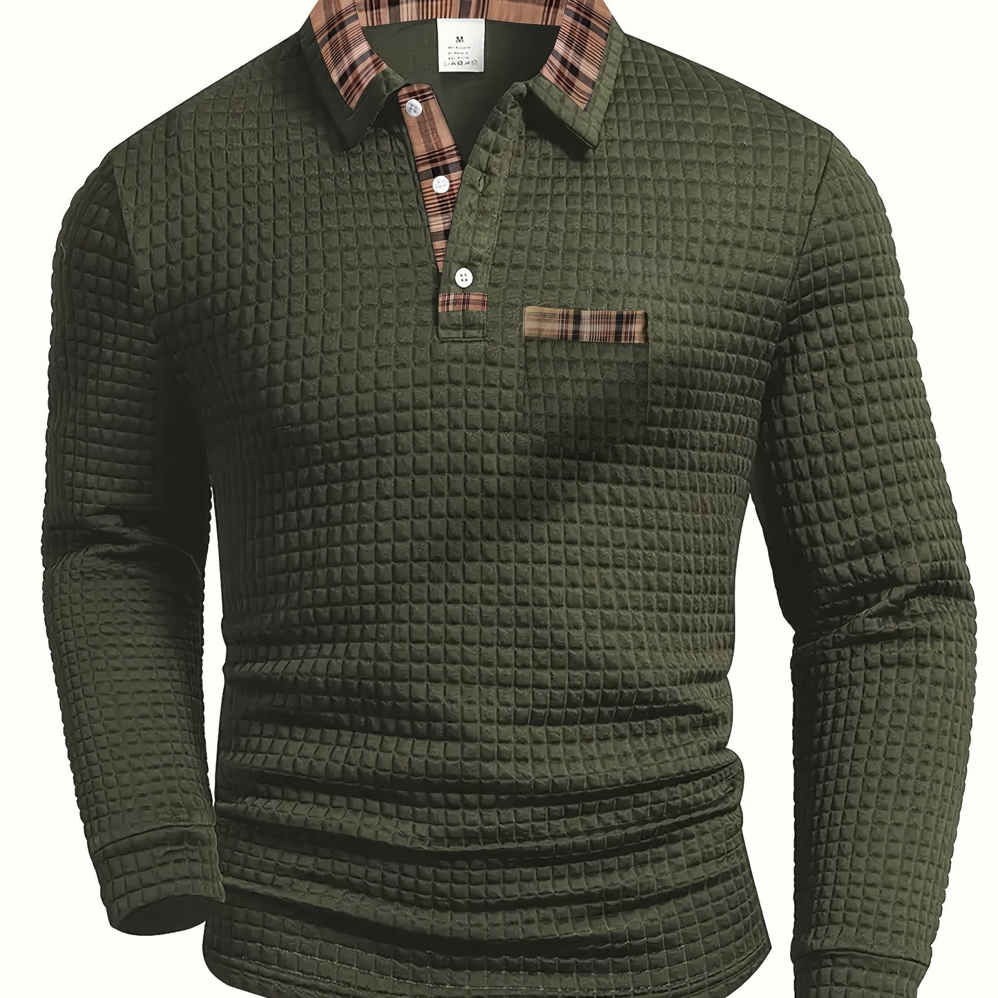 Polo homme à manches longues texturé motif gaufré avec col et poche à carreaux