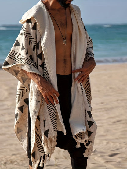 Poncho da spiaggia bohémien da uomo con cappuccio e motivi geometrici – stile festival casuale