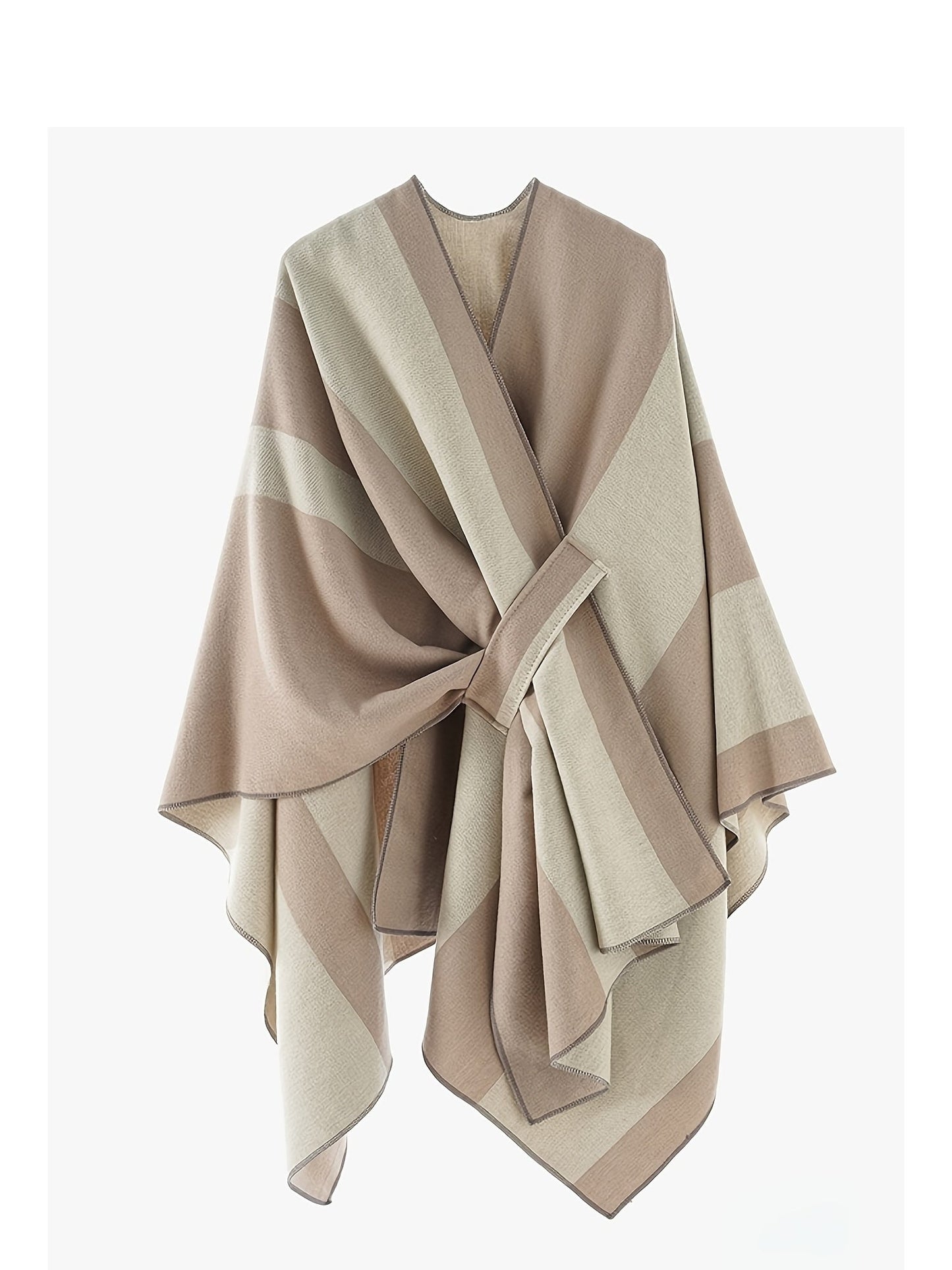 Poncho Cape Femme Rayé Bicolore avec Nœud Décoratif Doux