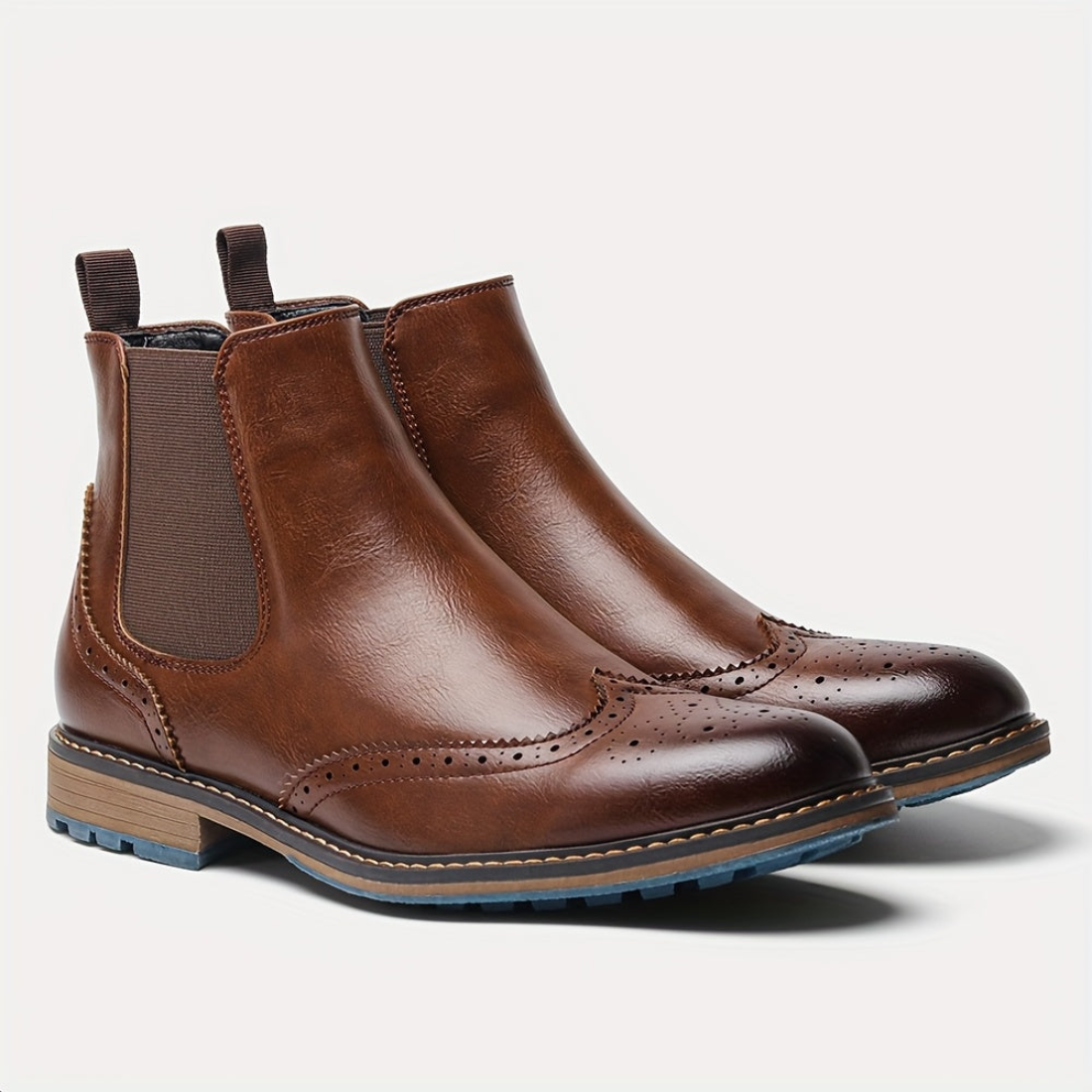 Bottes Chelsea Homme Marron Brogue Détails Perforés Élastiques Latéraux Semelle Bleue