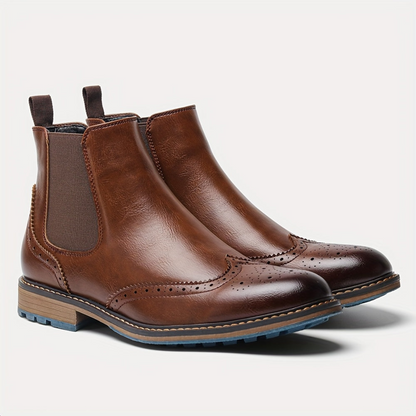 Bottes Chelsea Homme Marron Brogue Détails Perforés Élastiques Latéraux Semelle Bleue
