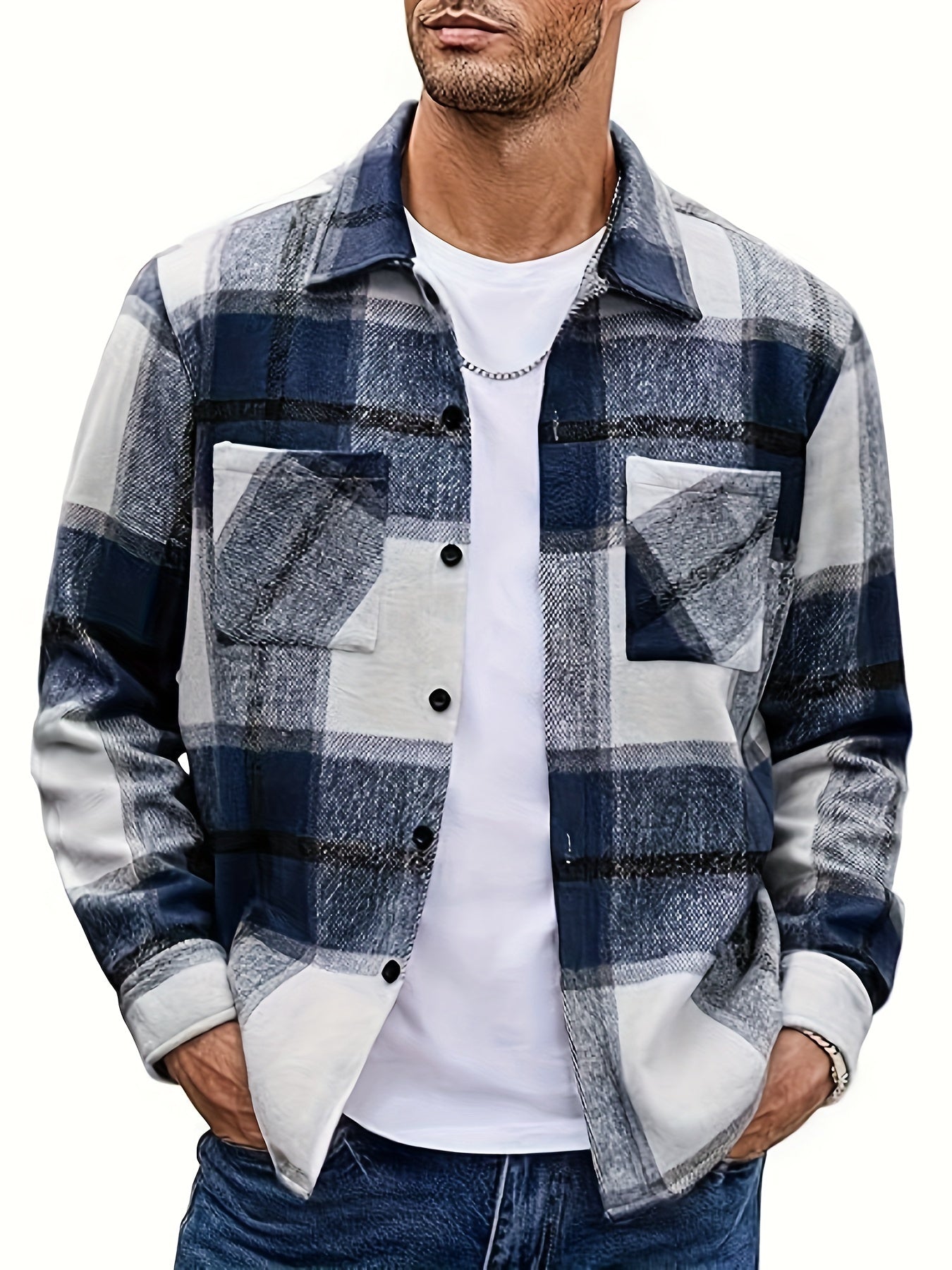 Chemise à carreaux homme coupe décontractée avec poches boutonnées marron clair et blanc