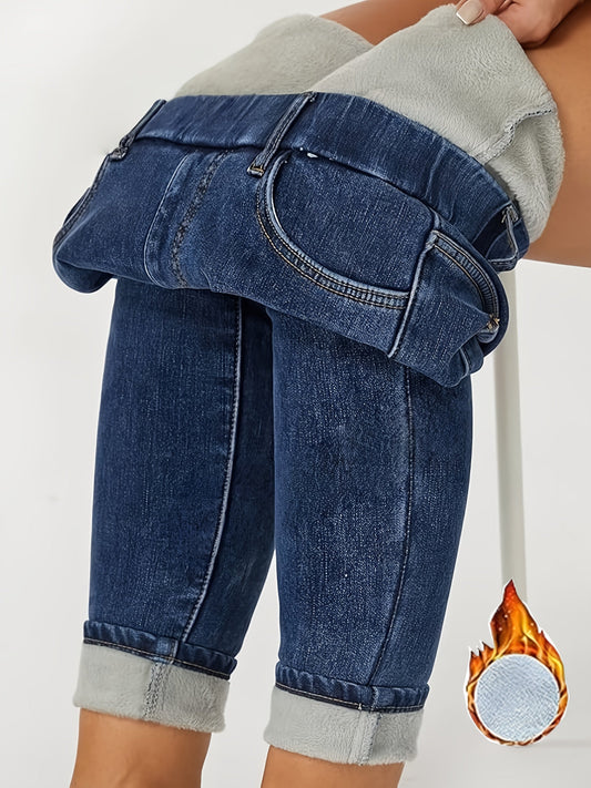 Jean slim femme bleu doublé thermique doux pour l'hiver