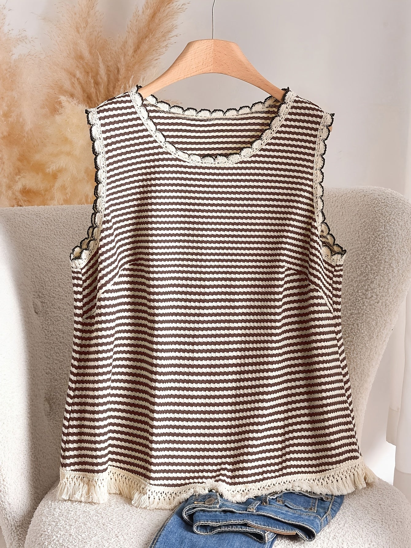 Dames tanktop grote maat elegante stijl met strepen en franjes, voor lente en zomer