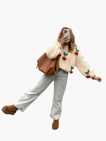Sudadera para mujer estilo casual con cerezas bordadas, mangas largas, ideal para otoño-invierno