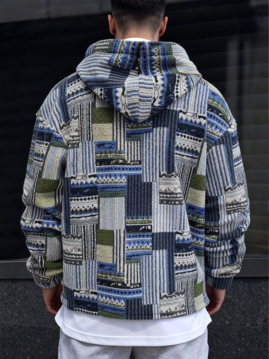 Sweat à Capuche Homme Motif Patchwork Imprimé Ethnique Demi-Zip Polaire Hiver