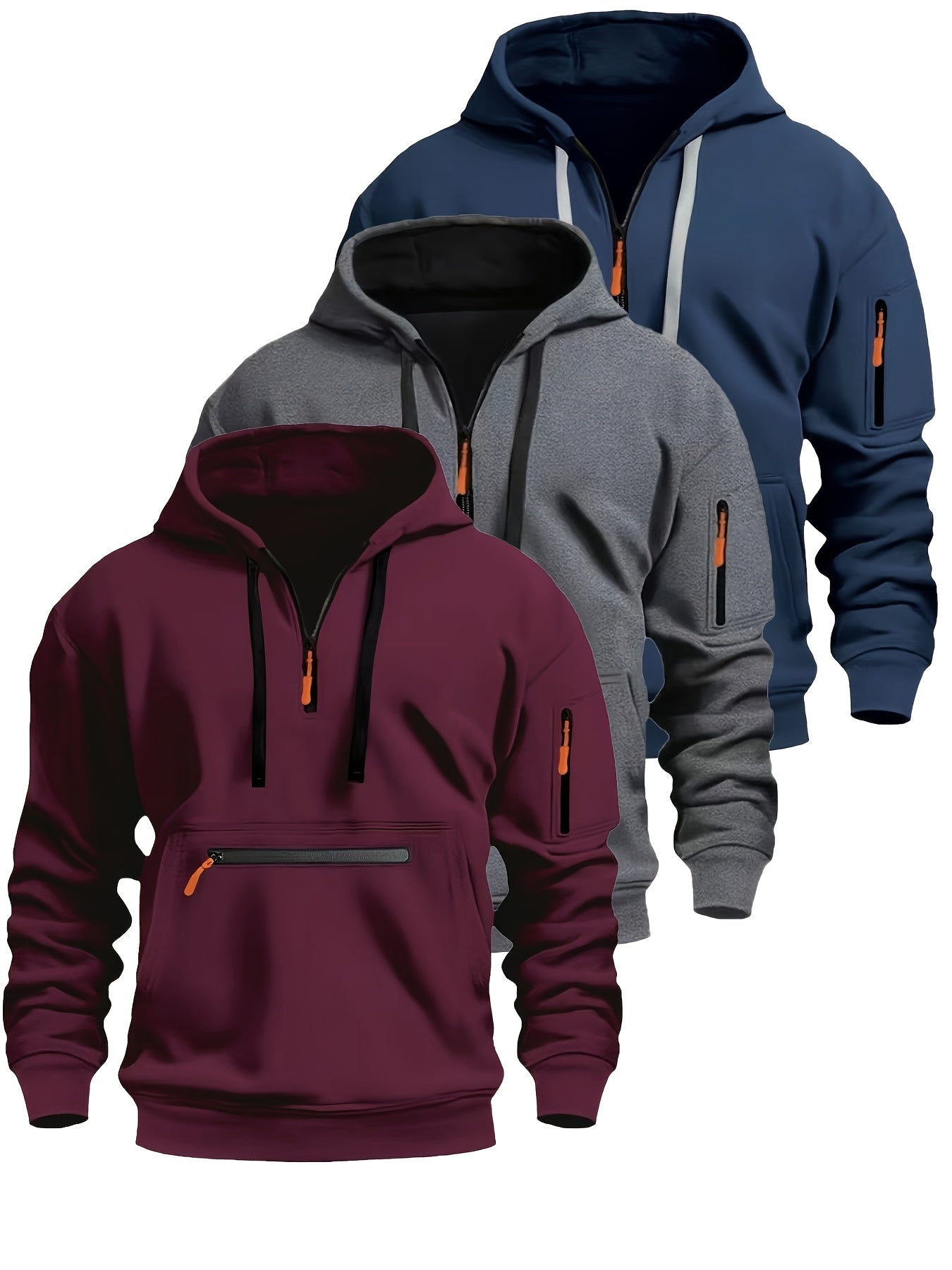 Sweat à Capuche Homme Zippé Mi-long avec Poche Kangourou et Manches Zippées
