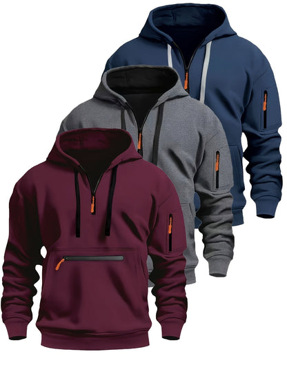 Sweat à Capuche Homme Zippé Mi-long avec Poche Kangourou et Manches Zippées