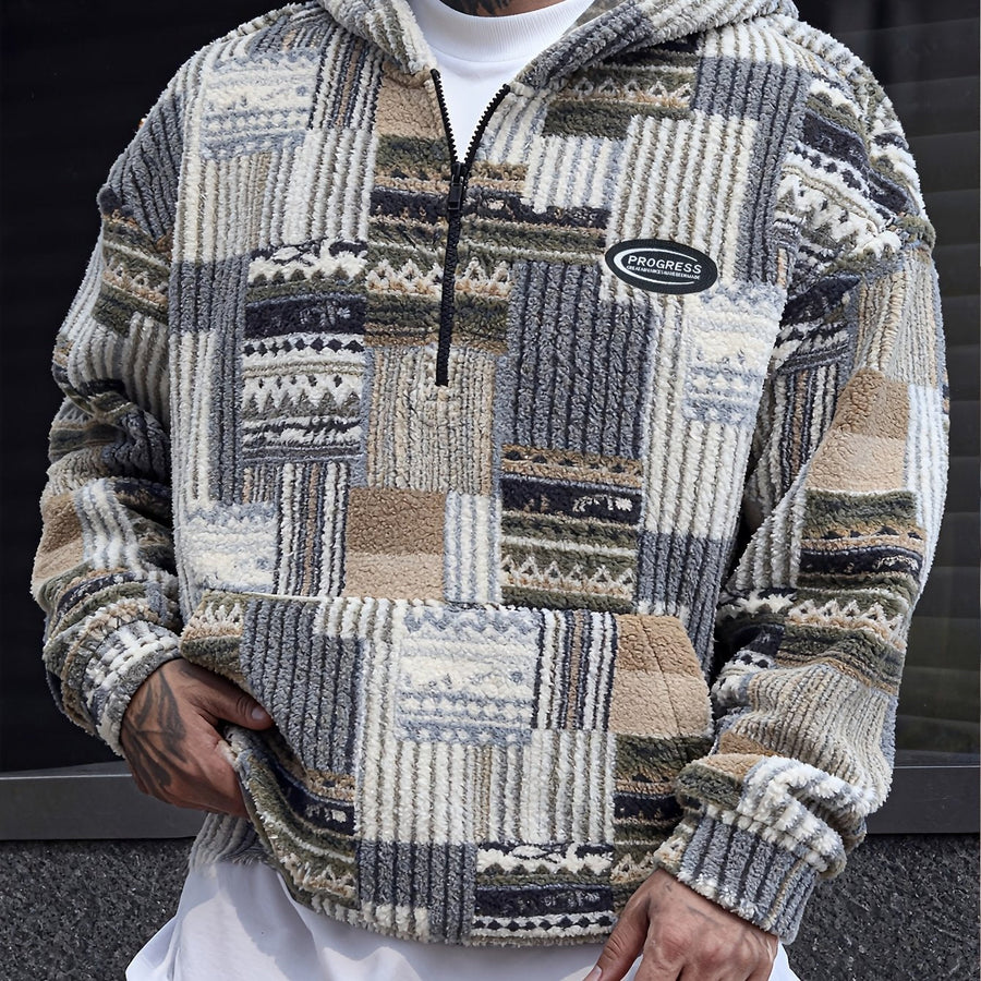 Sweat à Capuche Homme Motif Patchwork Imprimé Ethnique Demi-Zip Polaire Hiver