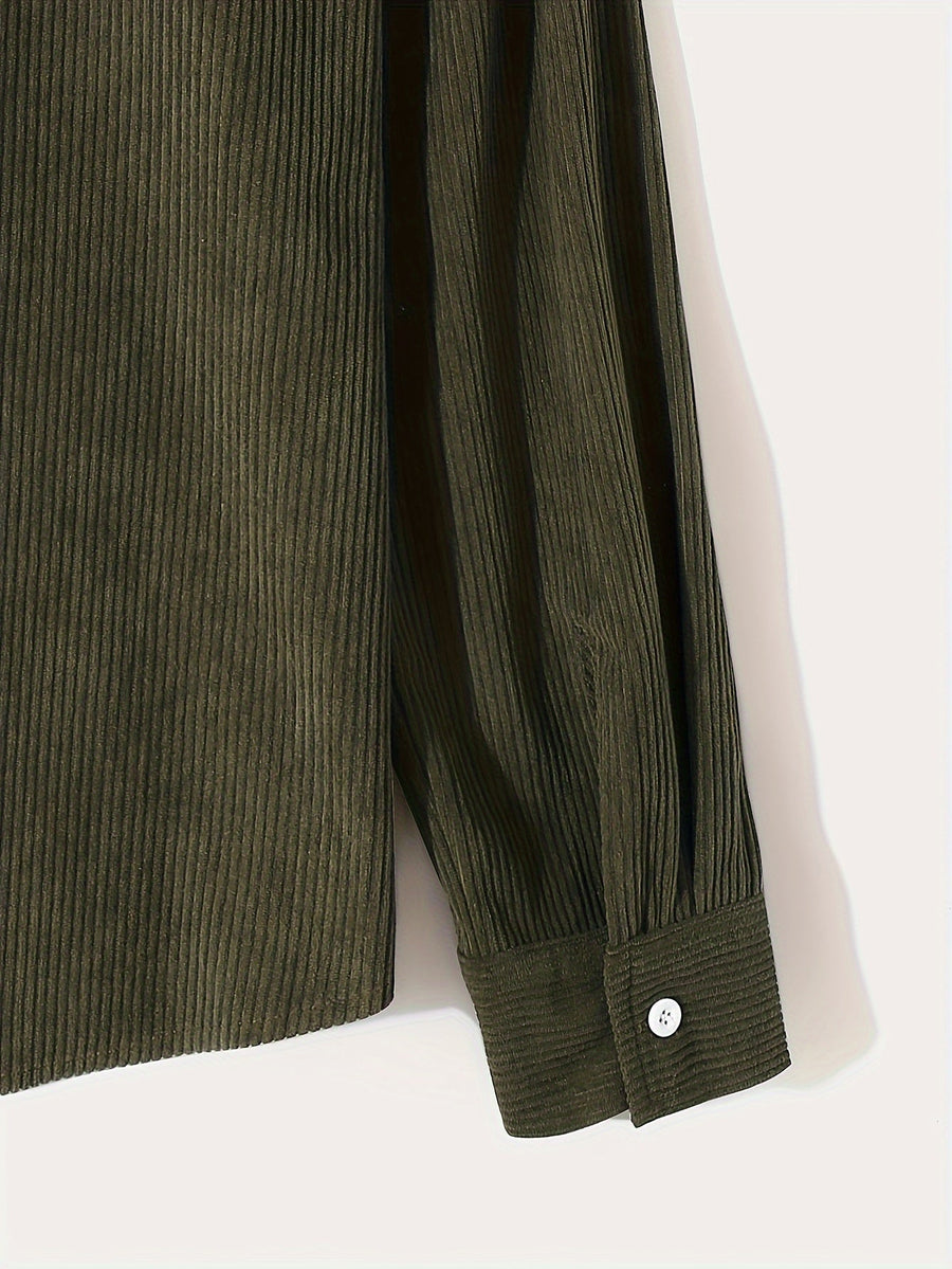Langærmet herreskjorte i flerfarvet patchwork med ribstruktur i beige, brun, khaki og råhvid