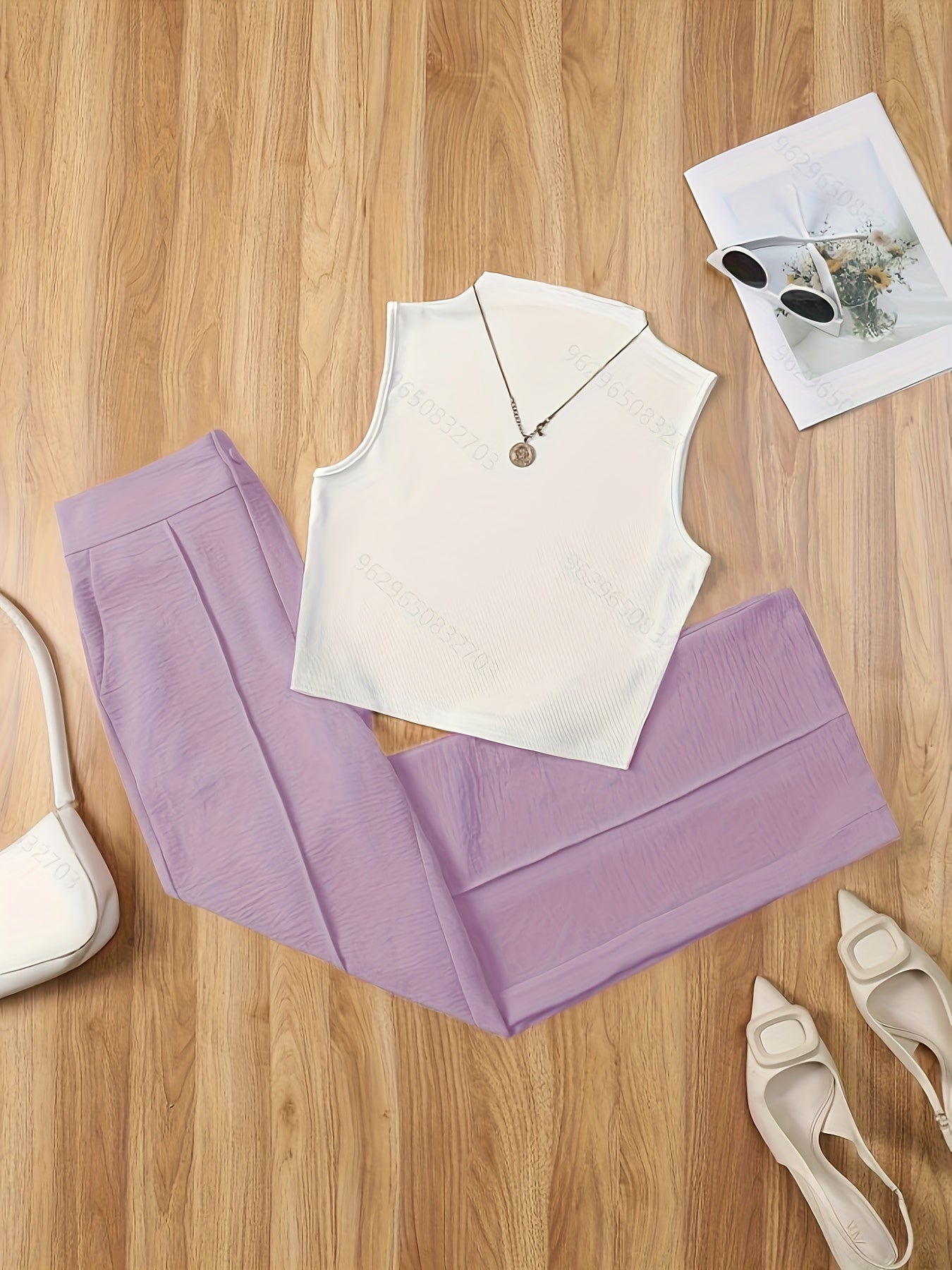Ensemble élégant femme – Débardeur sans manches et pantalon taille haute – Idéal printemps/été