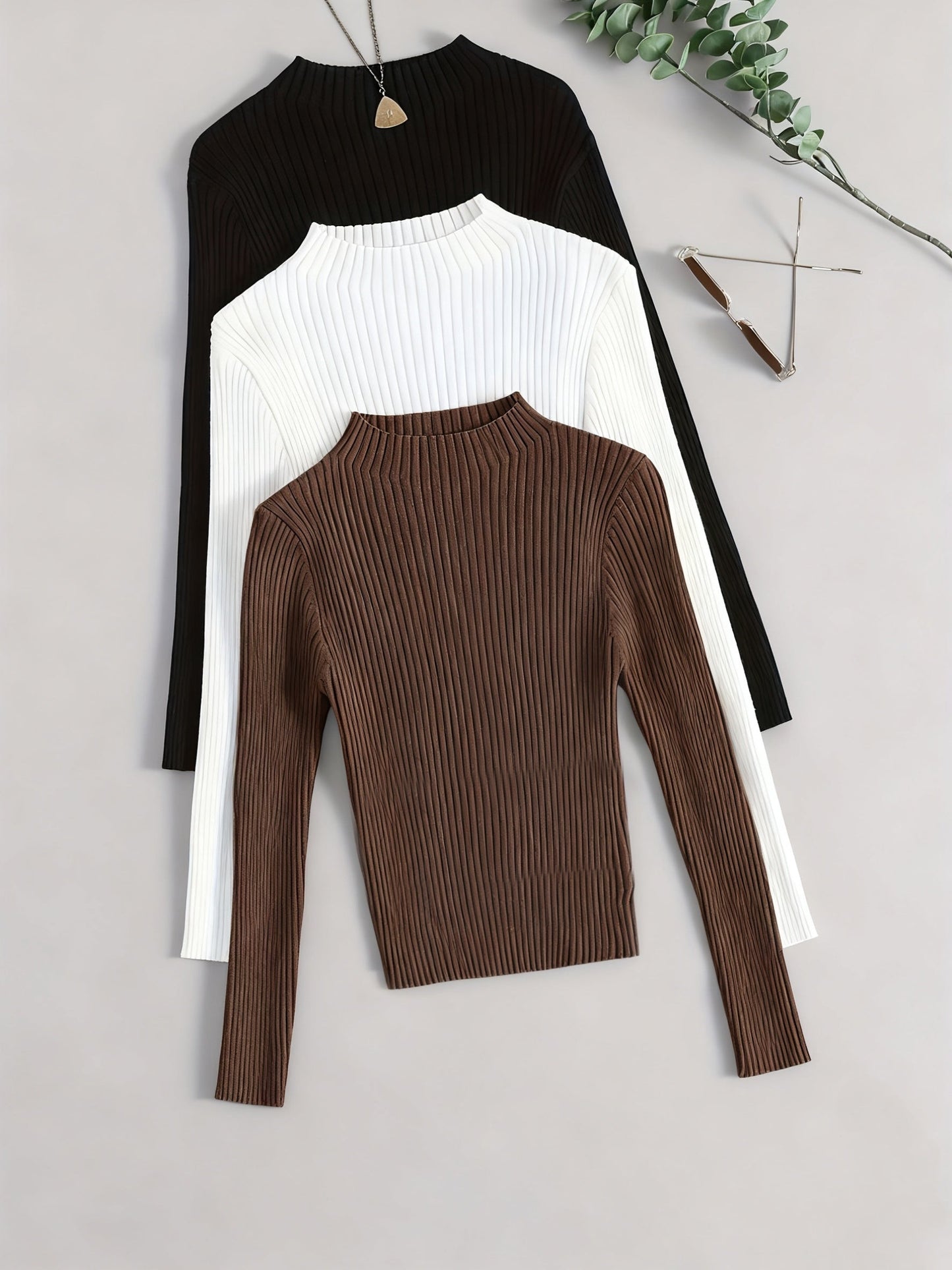 Pull côtelé à col montant pour femme, manches longues