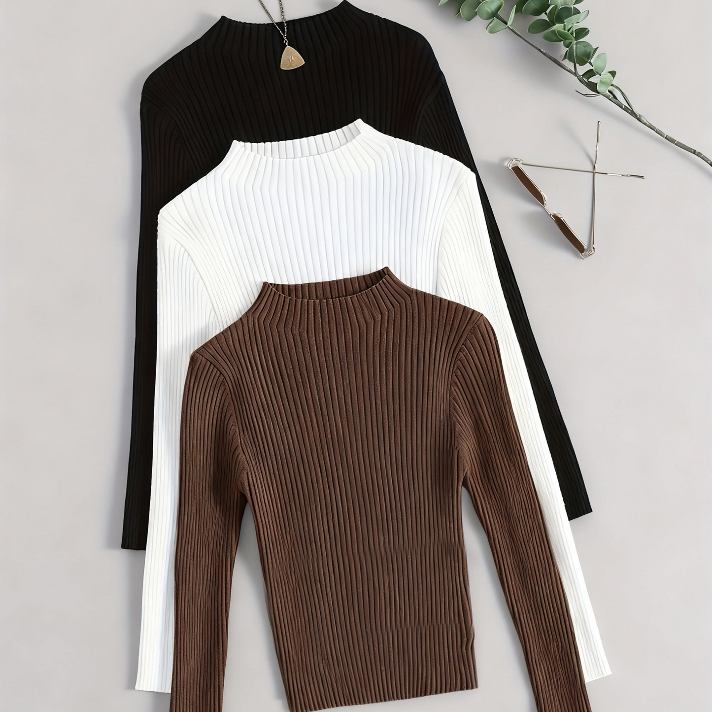 Pull côtelé à col montant pour femme, manches longues