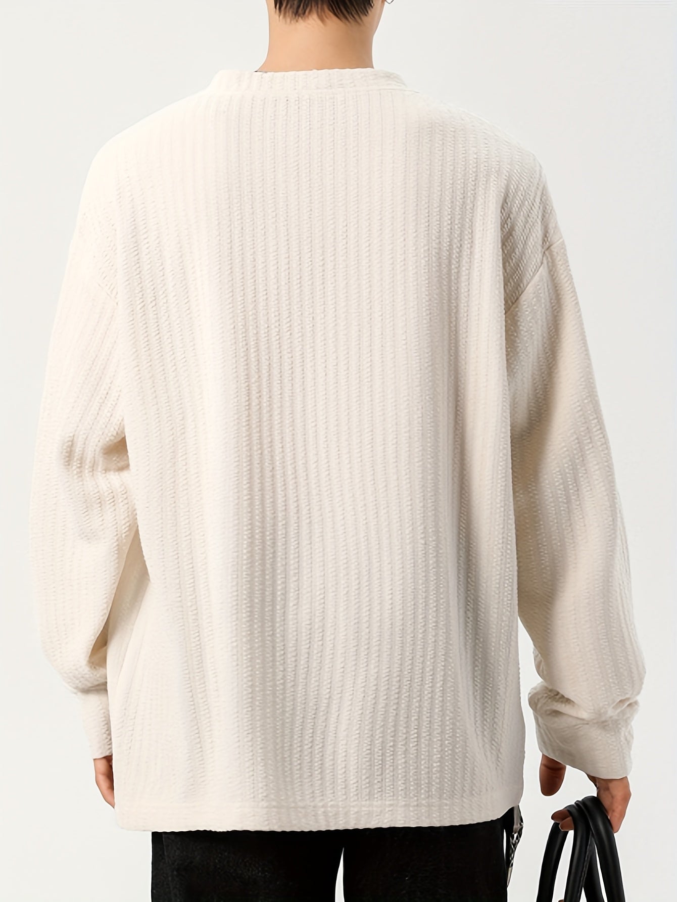 T-shirt Homme Manches Longues Texture Texturée Col V Doux Couleur Unie