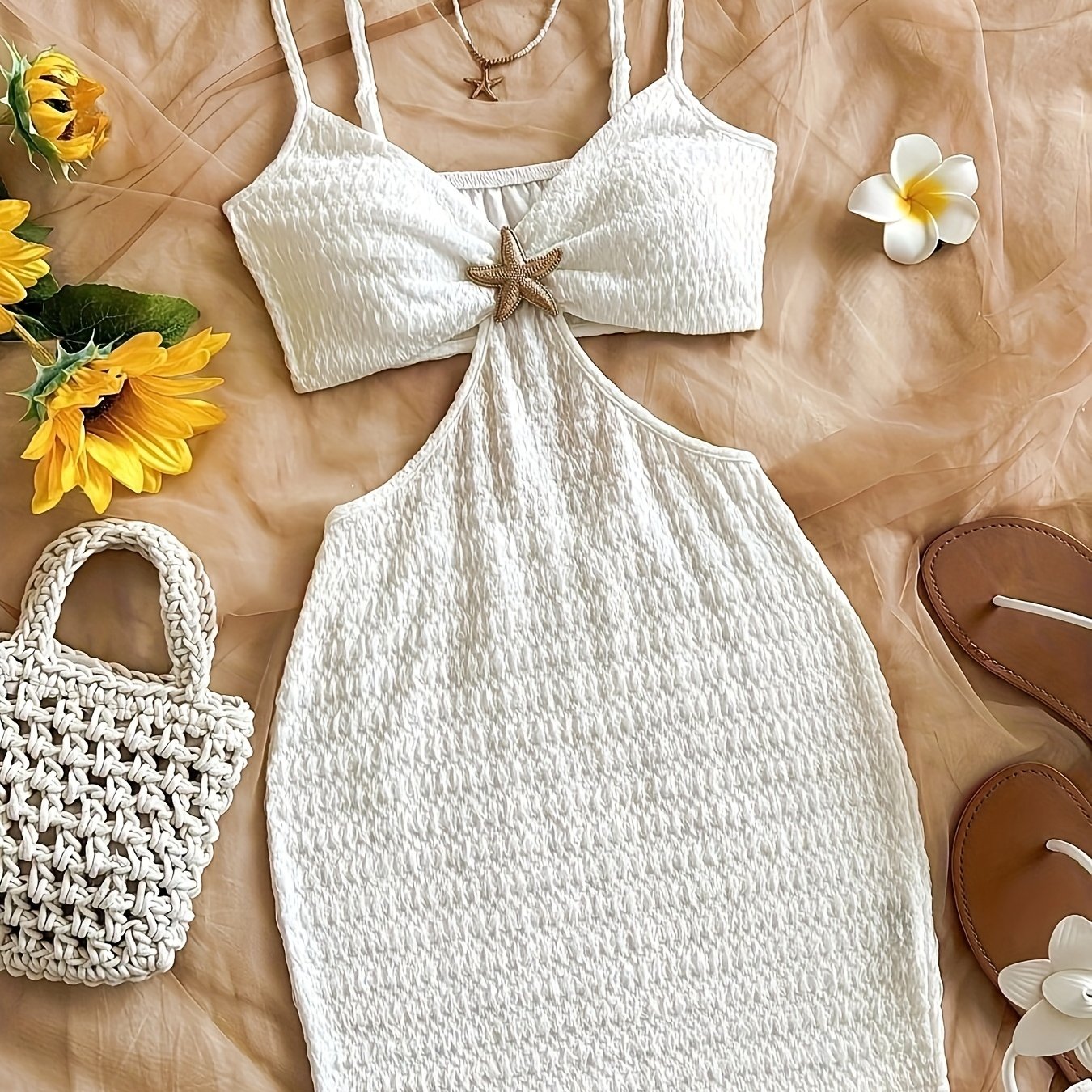 Abito aderente mini stile spiaggia per donna con dettaglio stella marina e taglio alla moda