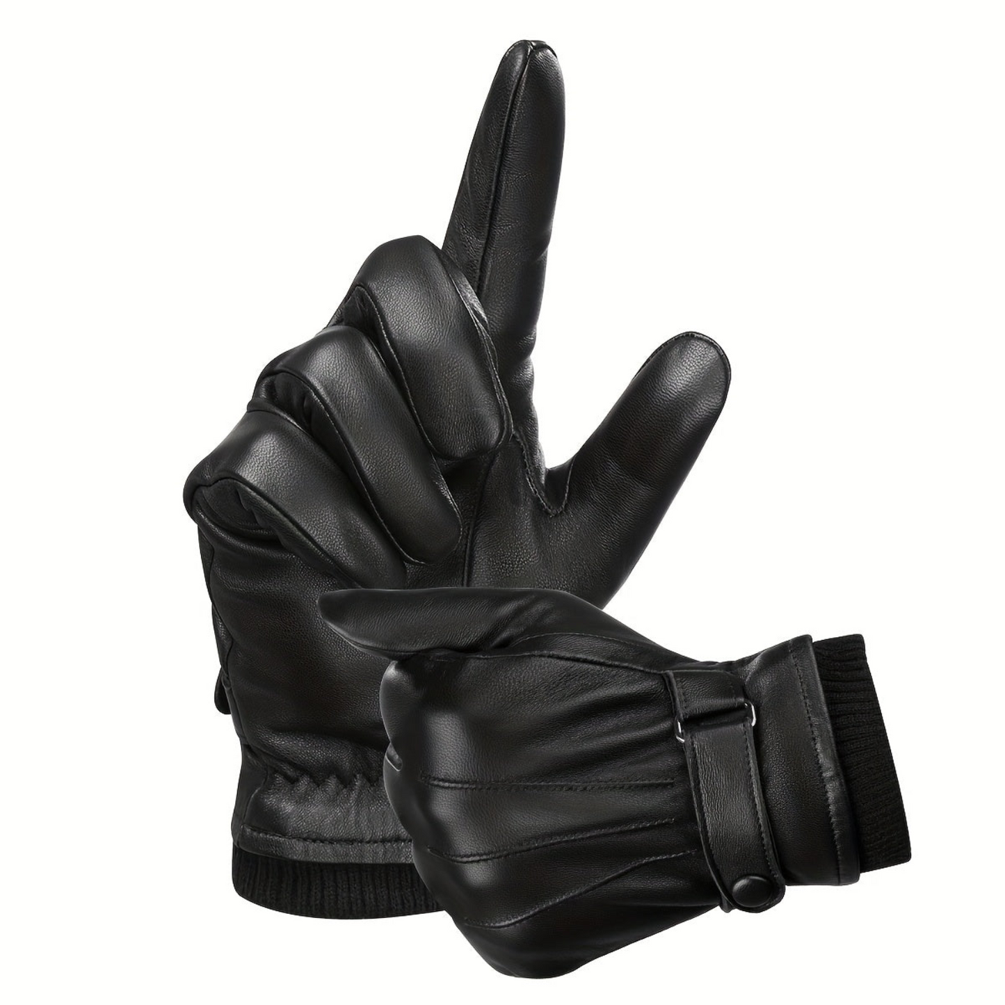 Gants noirs à manchette côtelée et sangle ajustable