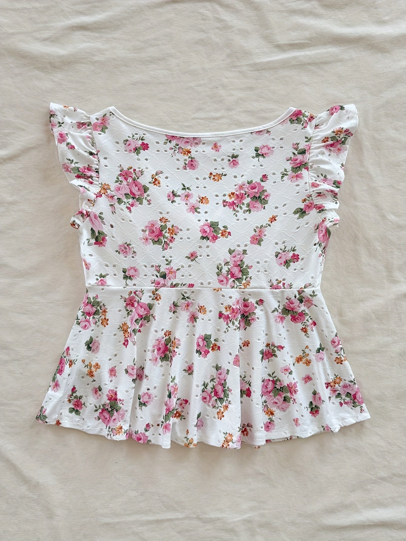 Women's Cottage Style Peplum Blouse with Floral Print and English Embroidery – Romantic, Ruffled Sleeves, Tied Neckline