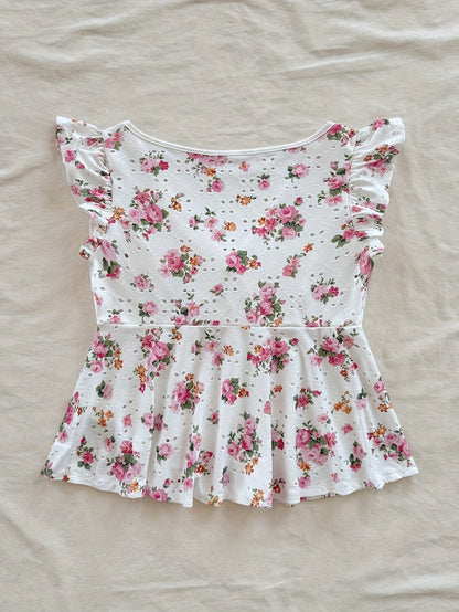 Women's Cottage Style Peplum Blouse with Floral Print and English Embroidery – Romantic, Ruffled Sleeves, Tied Neckline