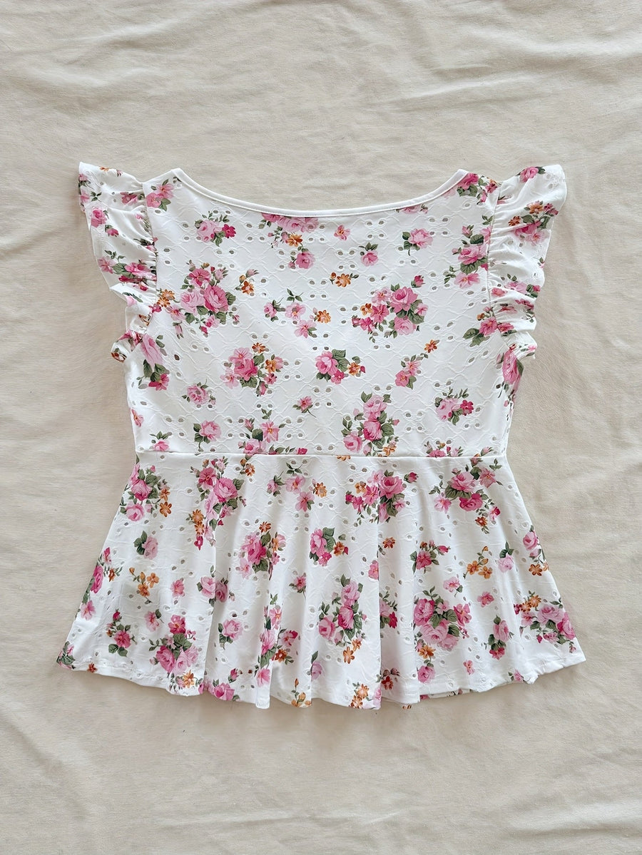 Blouse Femme Style Cottage Peplum à Imprimé Fleuri et Broderie Anglaise – Romantique, Manches Volants, Décolleté Noué