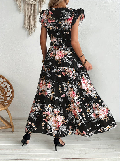 Langes Wickelkleid mit Blumenmuster im Urlaubsstil für Damen  